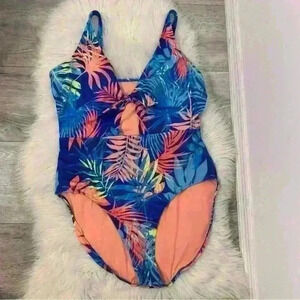 Peyton & Parker blue colorful palm frawn floral print one piece sz 2x/xxl/20-22